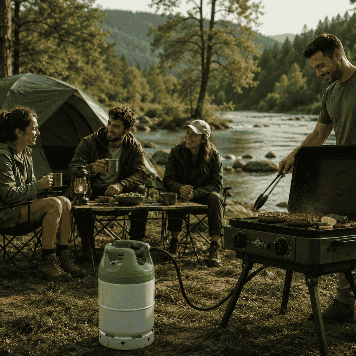 friends at a campsite with propane tank